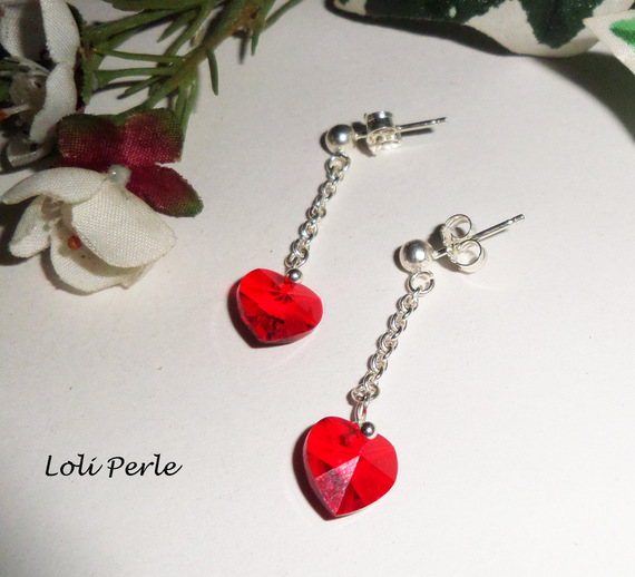 Orecchini con catena a cuore Swarovski rosso, argento 925