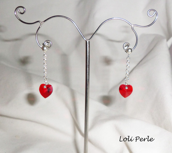 Orecchini con catena a cuore Swarovski rosso, argento 925