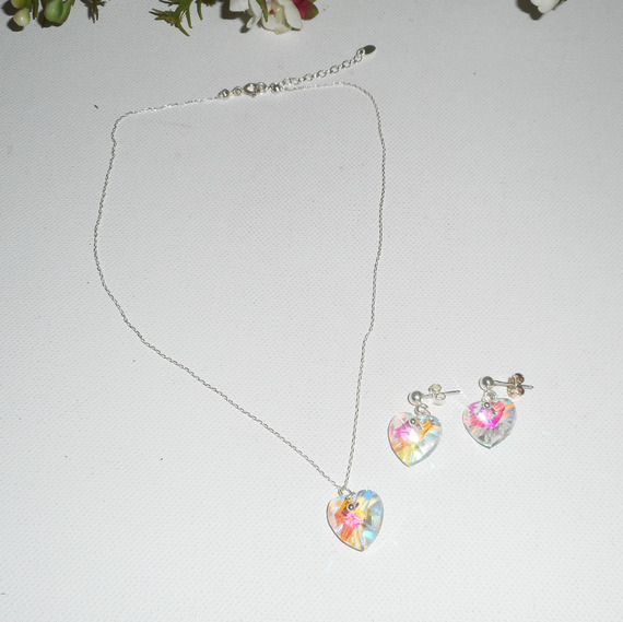 Set Ciondolo a cuore bianco AB con cristallo Swarovski su catena in argento 925