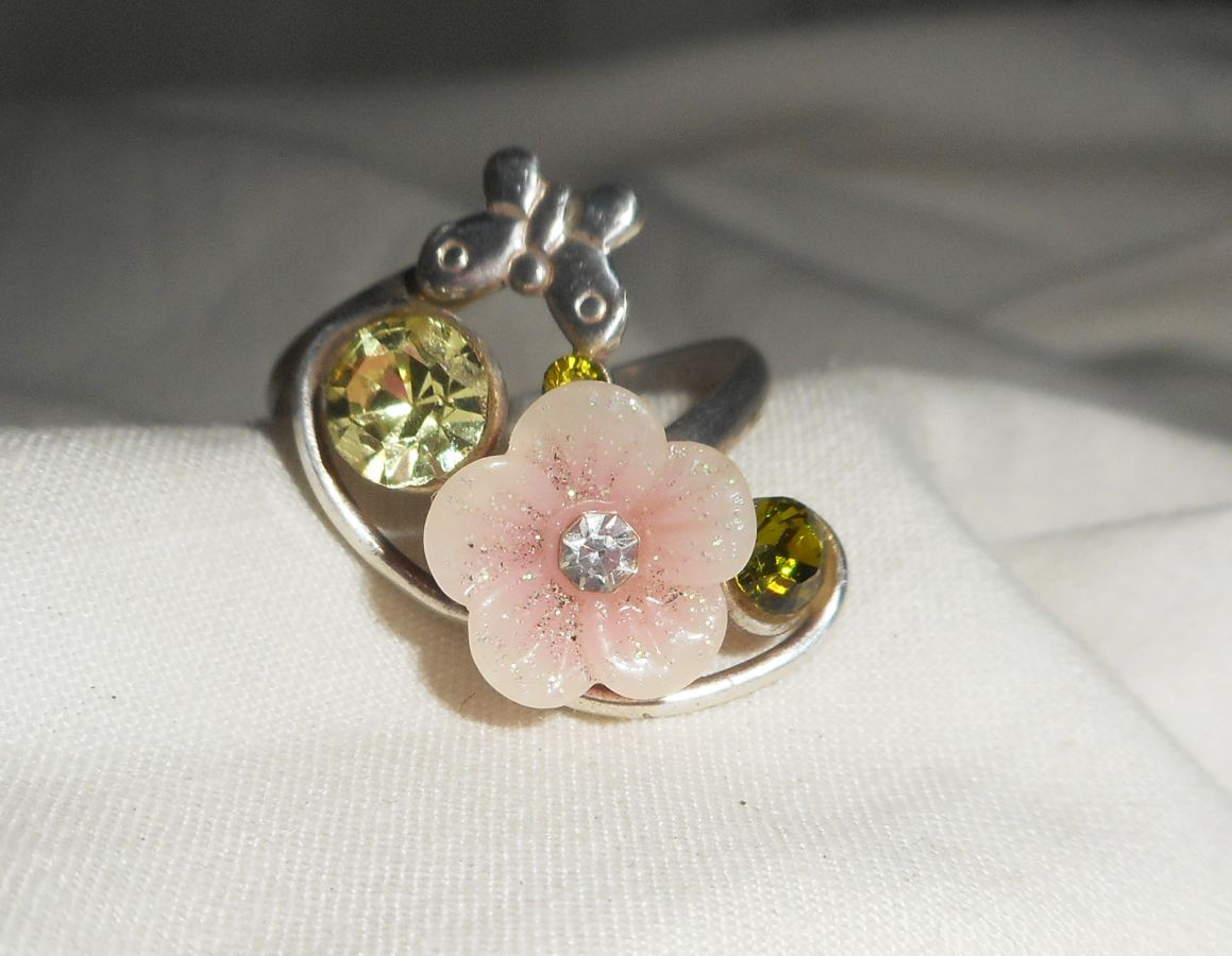 Originale anello in argento 925 con fiore rosa e cristallo Swarovski