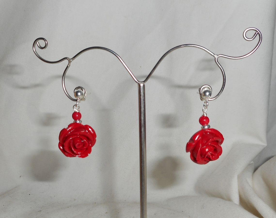 Orecchini con rose rosse, argento 925