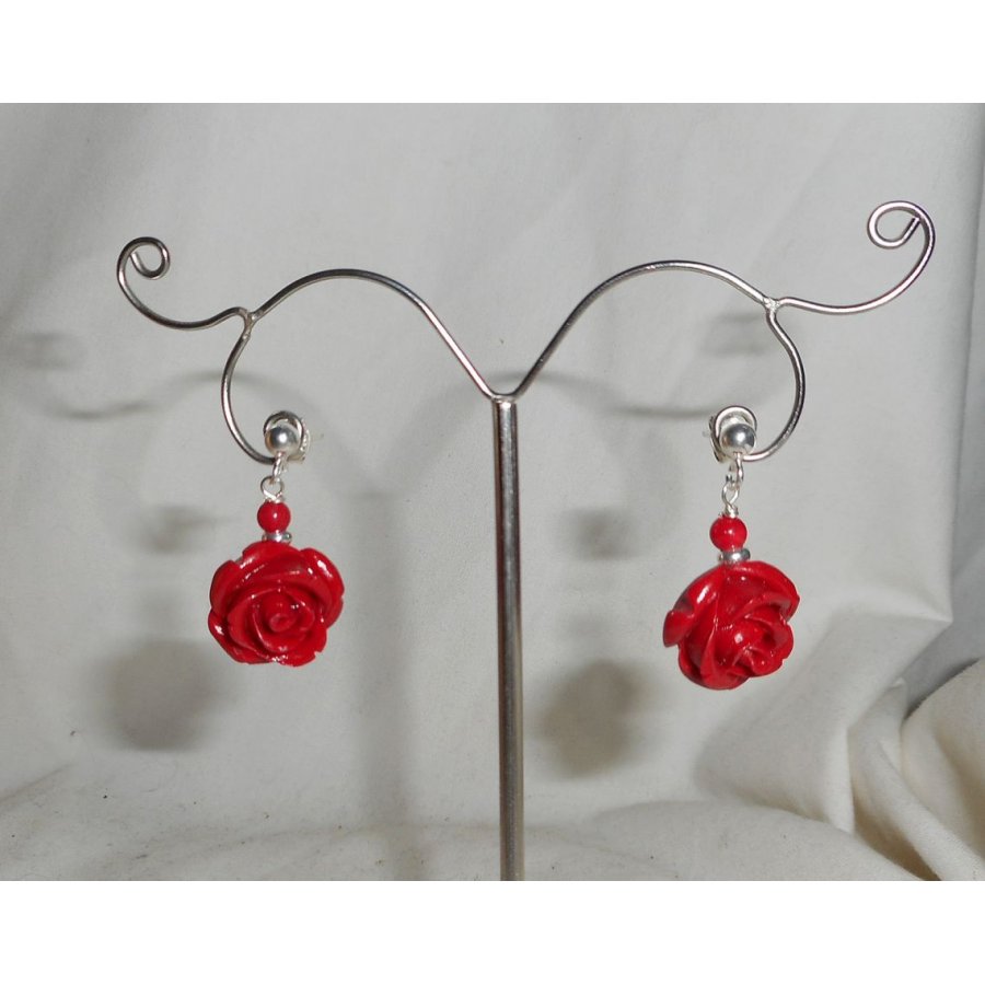 Orecchini con rose rosse, argento 925