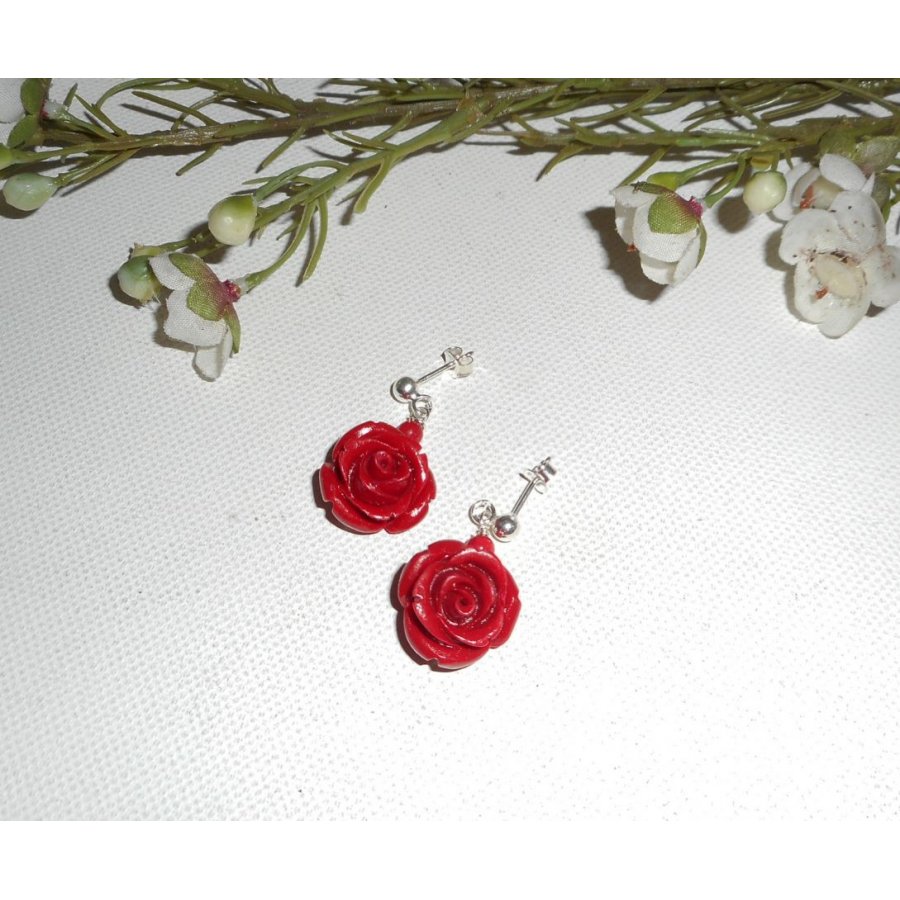 Orecchini con rose rosse, argento 925