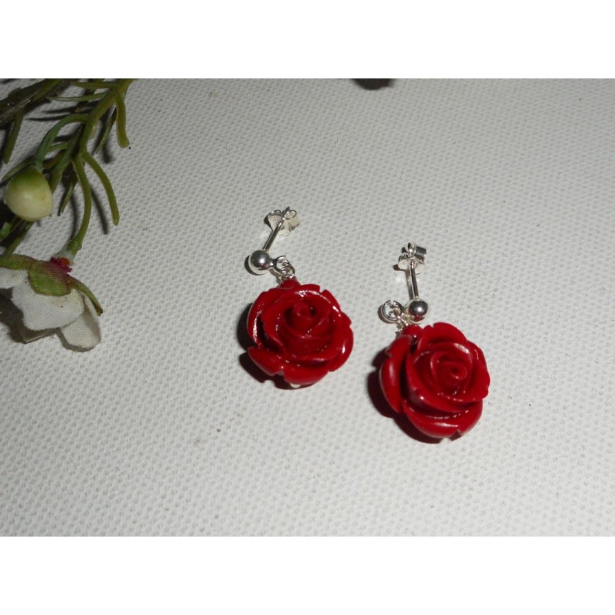 Orecchini con rose rosse, argento 925