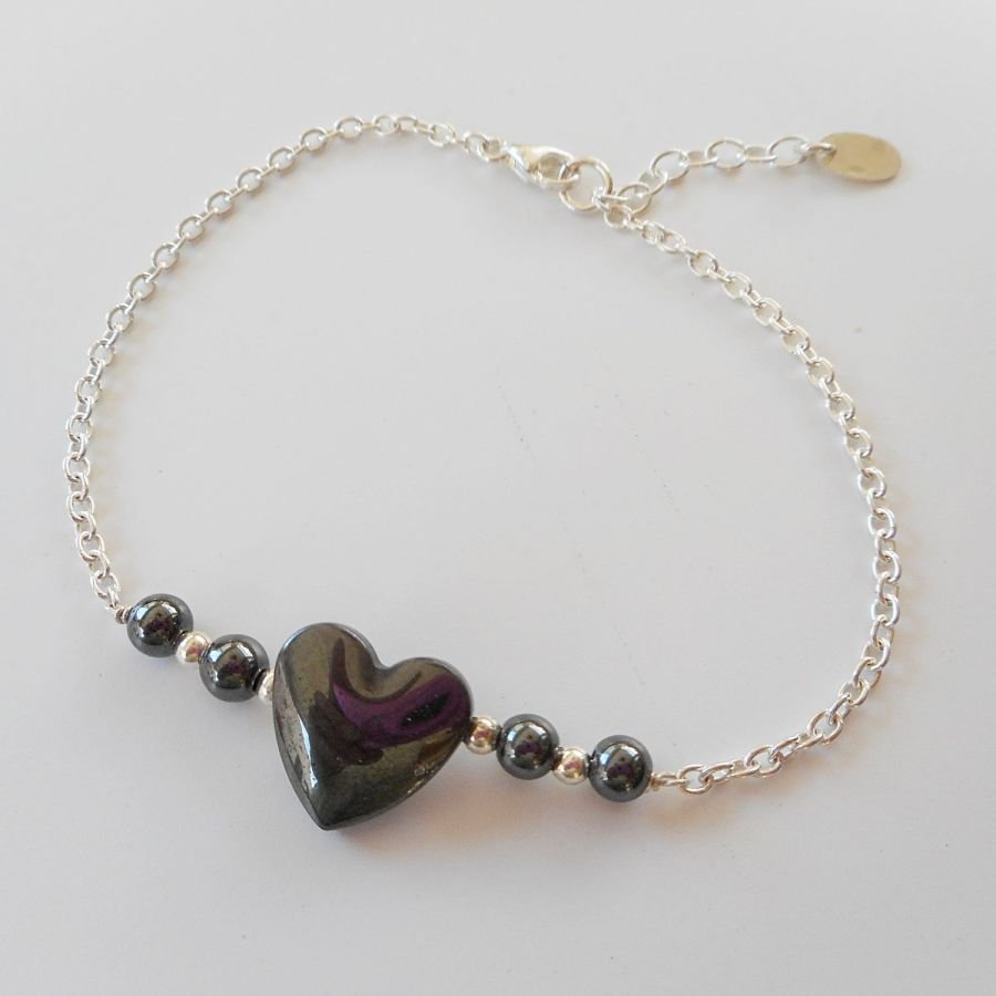 Bracciale a cuore in ematite su catena d'argento 925