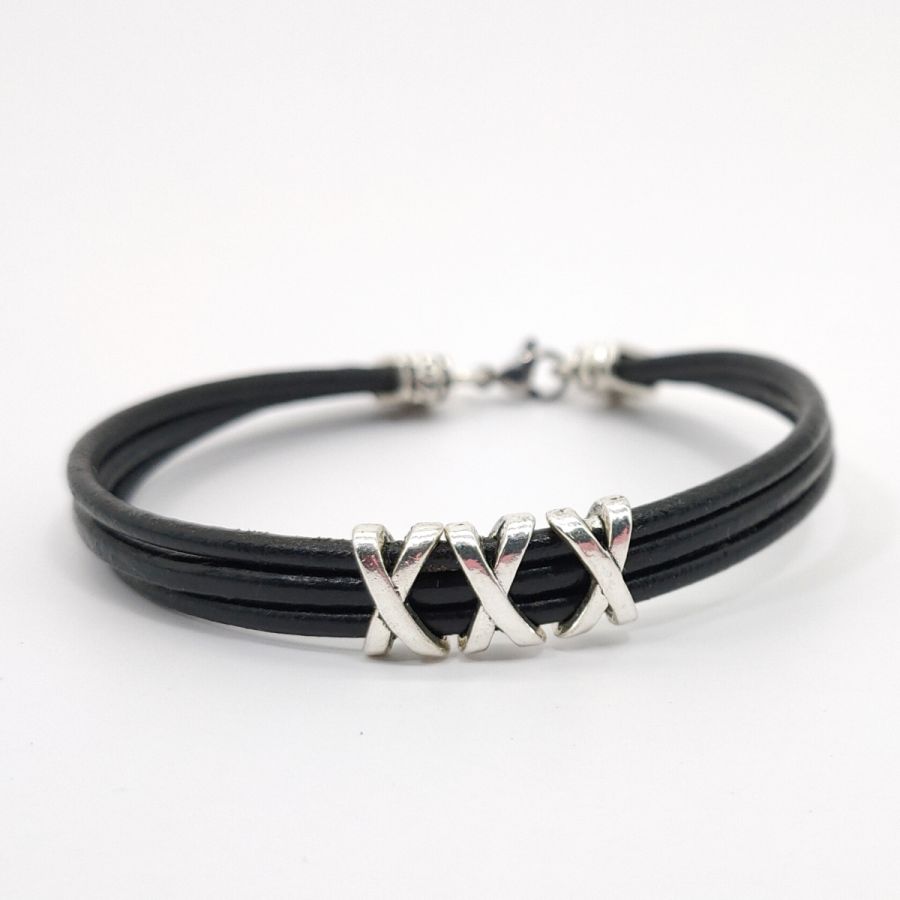 Bracciale da uomo in pelle nera a più fili con perla XXX