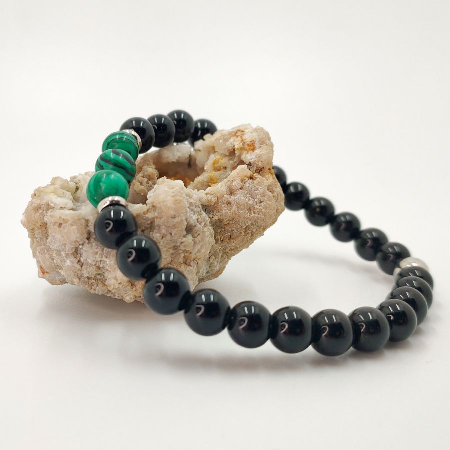 Bracciale da uomo in pietra malachite con perline in onice e acciaio inossidabile