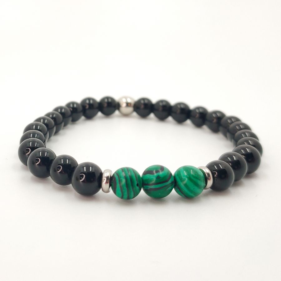 Bracciale da uomo in pietra malachite con perline in onice e acciaio inossidabile