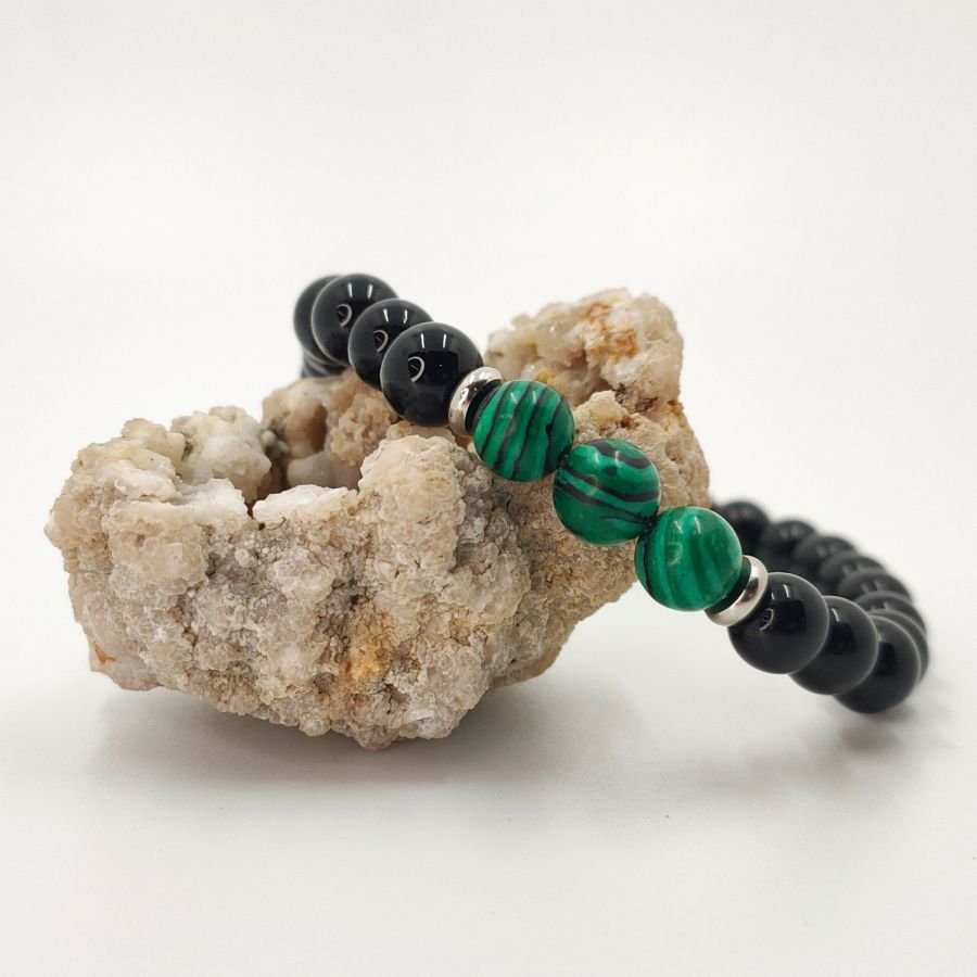 Bracciale da uomo in pietra malachite con perline in onice e acciaio inossidabile