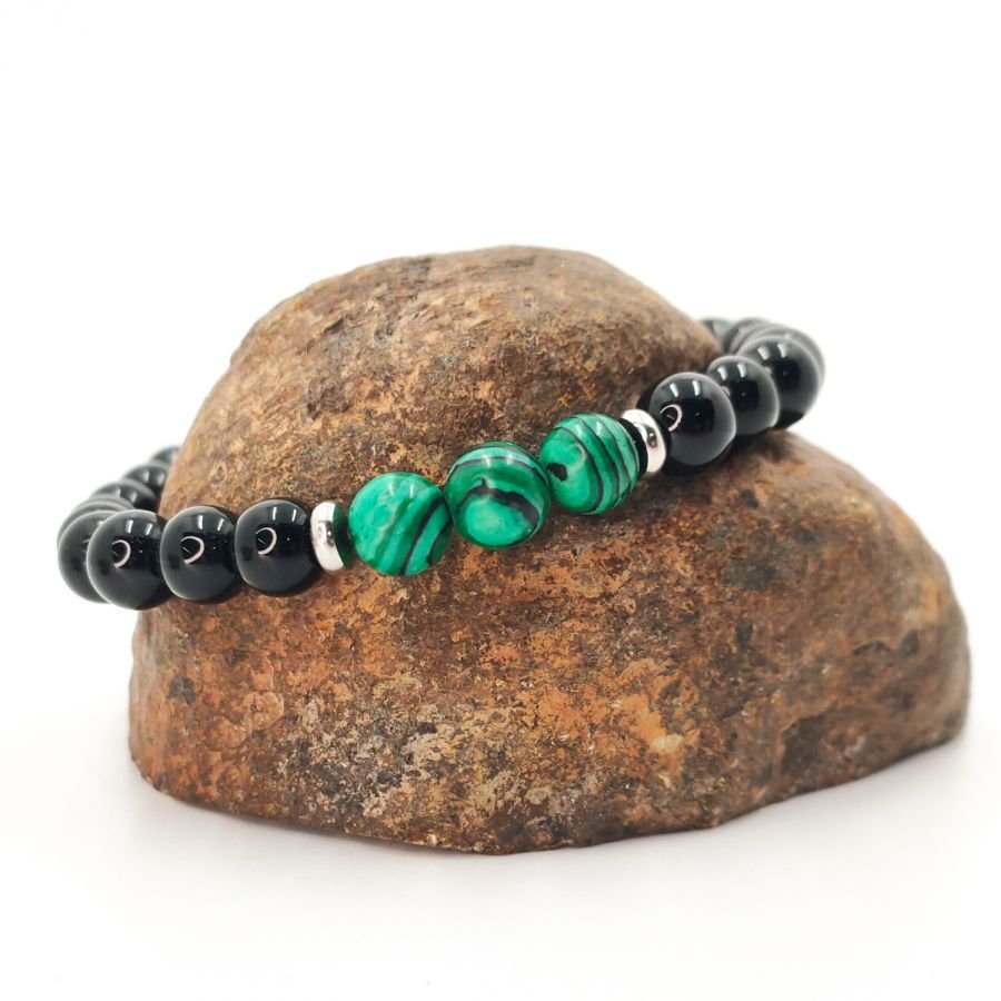 Bracciale da uomo in pietra malachite con perline in onice e acciaio inossidabile