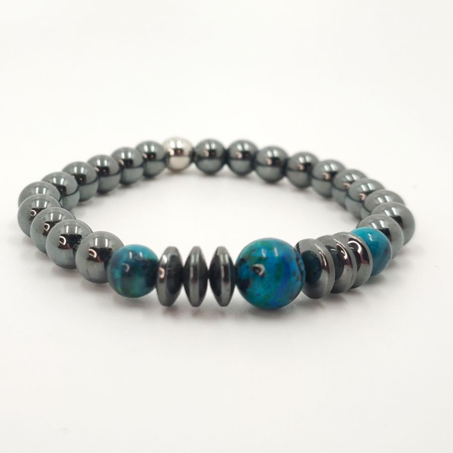 Bracciale da uomo con pietre di ematite grigio antracite e crysocolle 