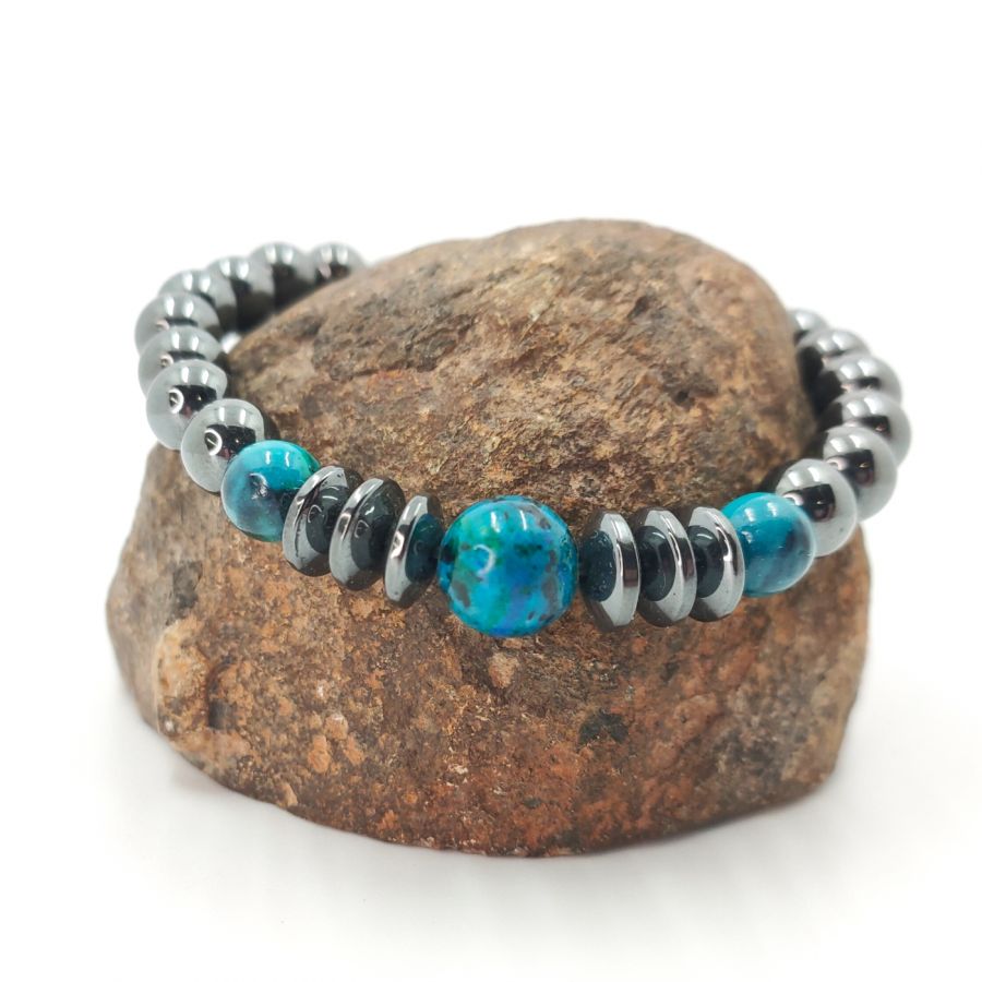 Bracciale da uomo con pietre di ematite grigio antracite e crysocolle 