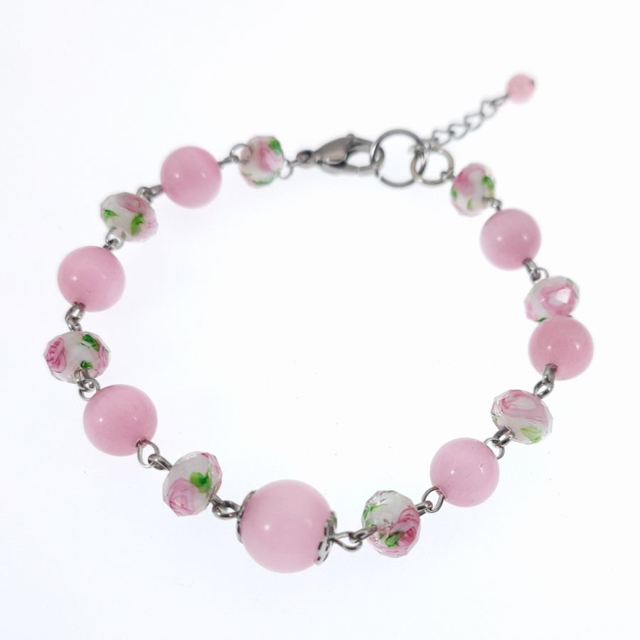 Bracciale di perle di vetro rosa fiorite 