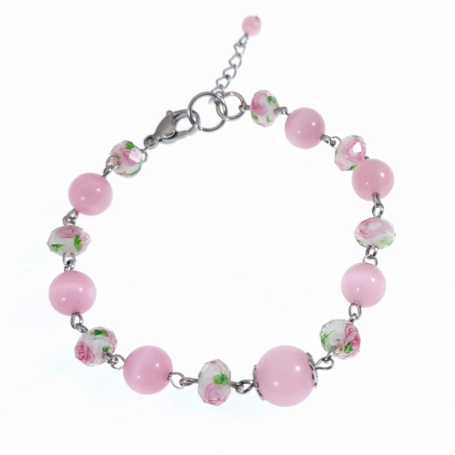 Bracciale di perle di vetro rosa fiorite 