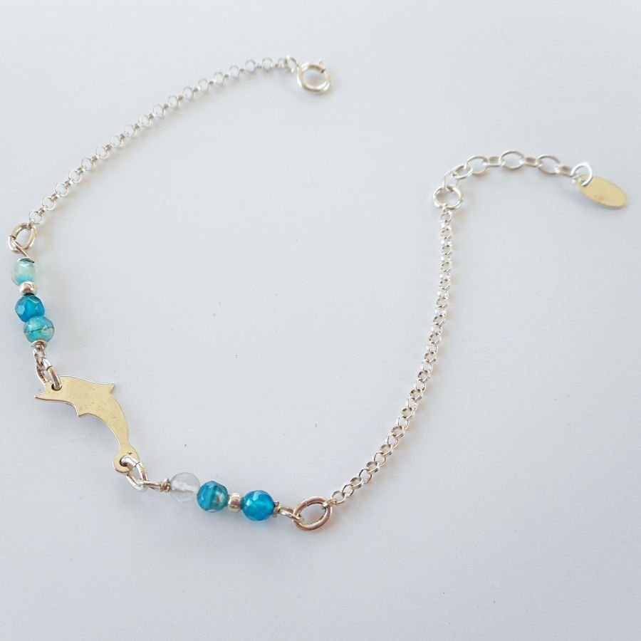 Bracciale con pietre di agata blu e delfino su catena d'argento 925