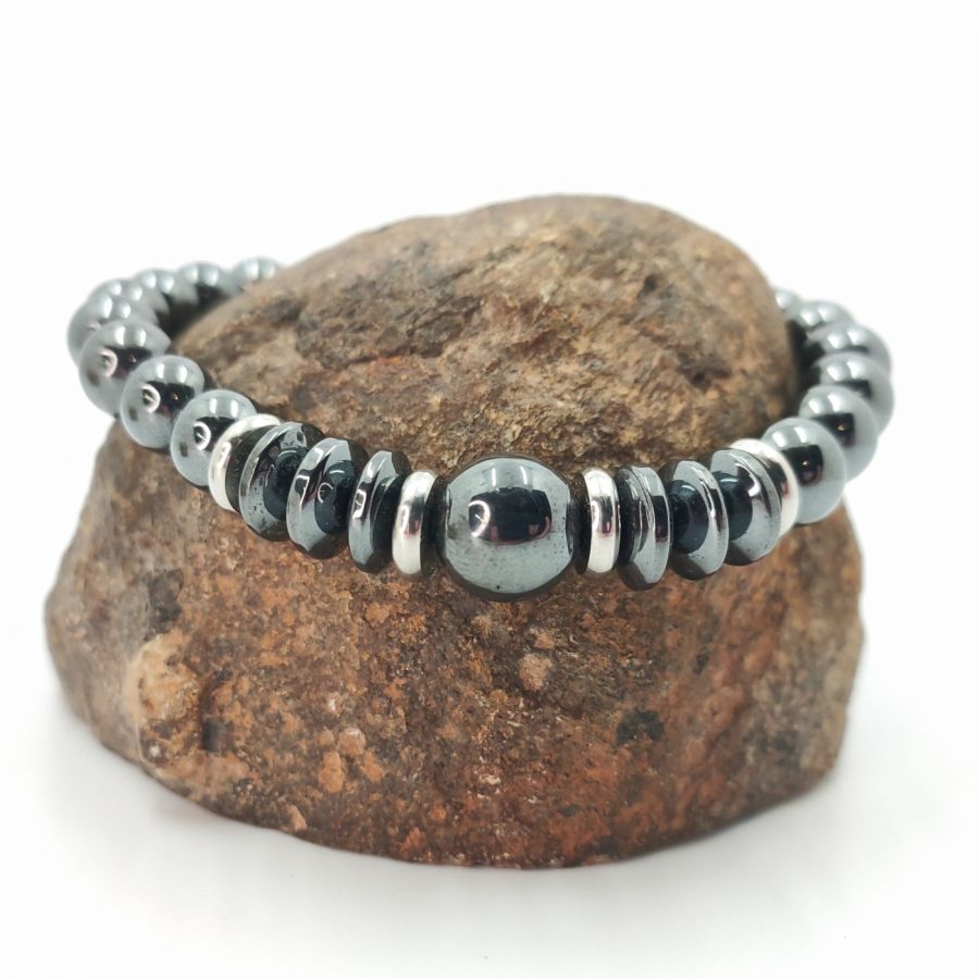 Bracciale da uomo in pietra ematite grigio antracite e acciaio inossidabile