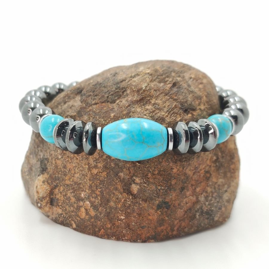 Bracciale in ematite grigio antracite e turchese blu per uomo