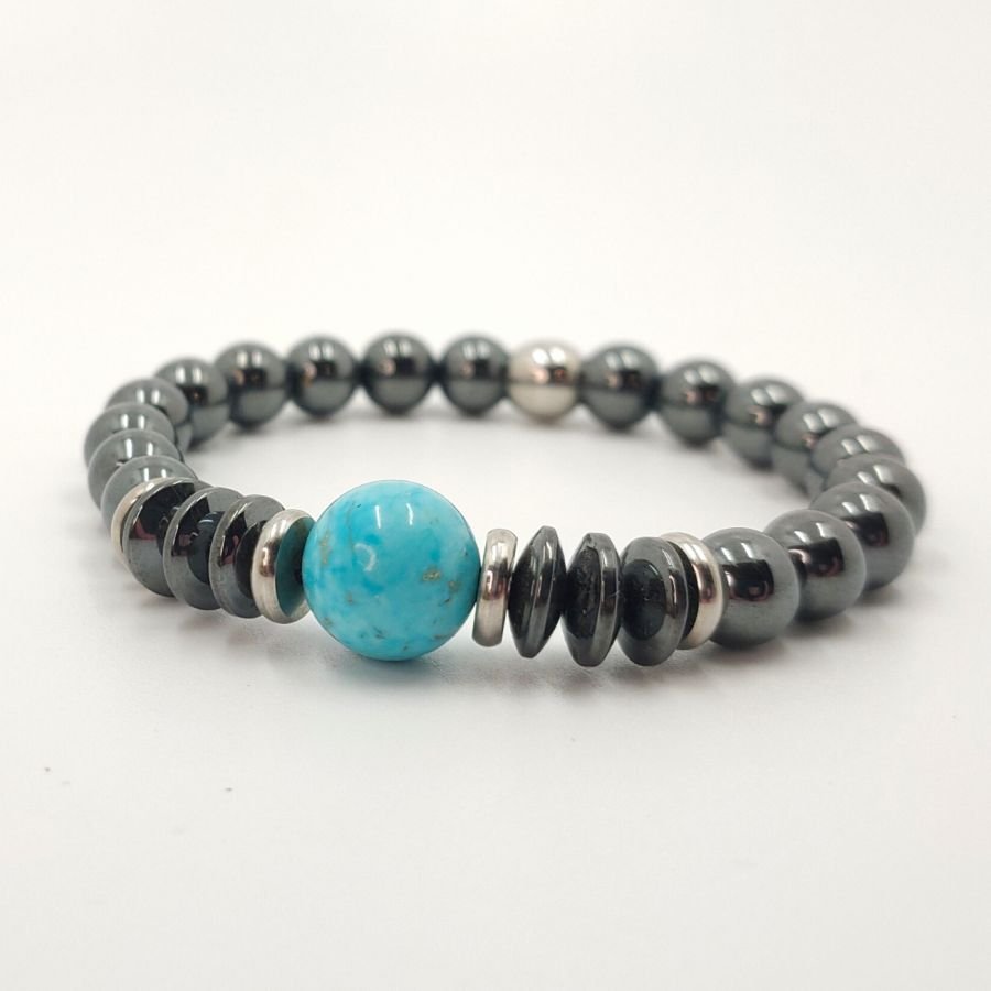 Bracciale con pietre di ematite grigia e amazzonite blu