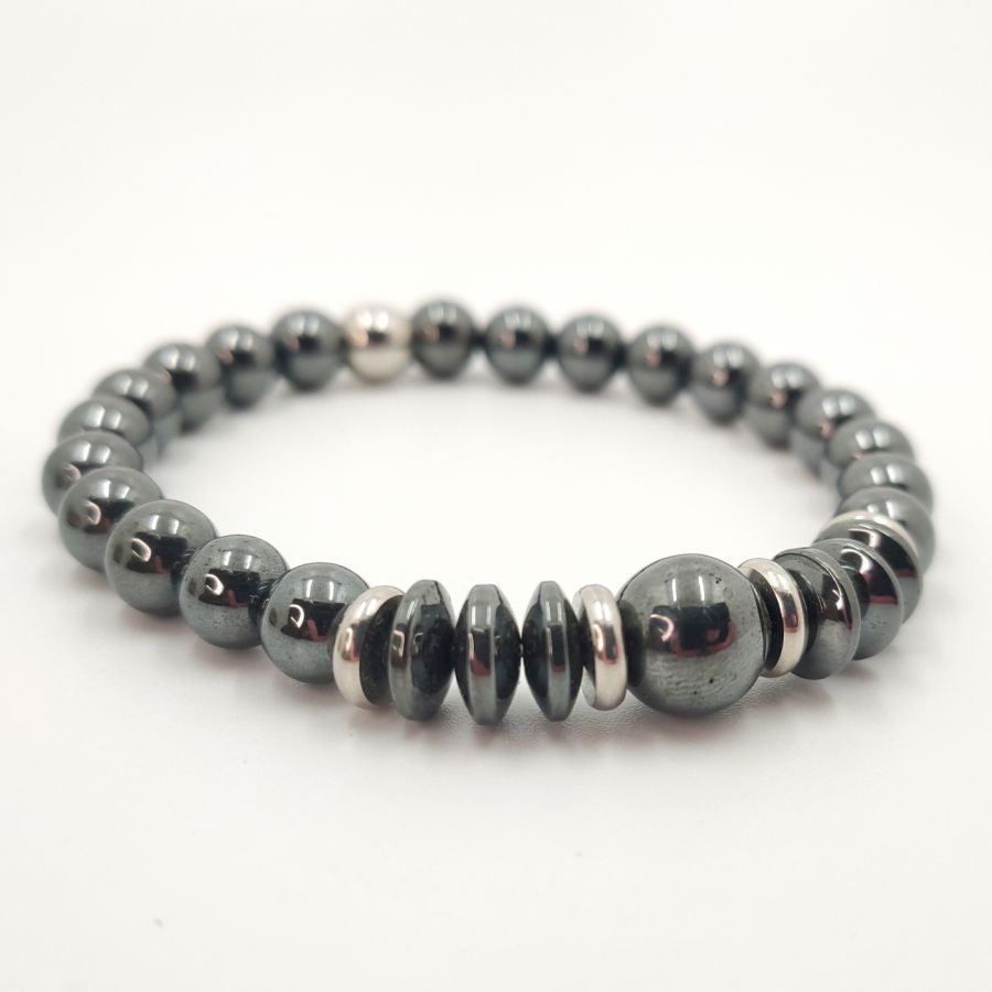 Bracciale da uomo in pietra ematite grigio antracite e acciaio inossidabile