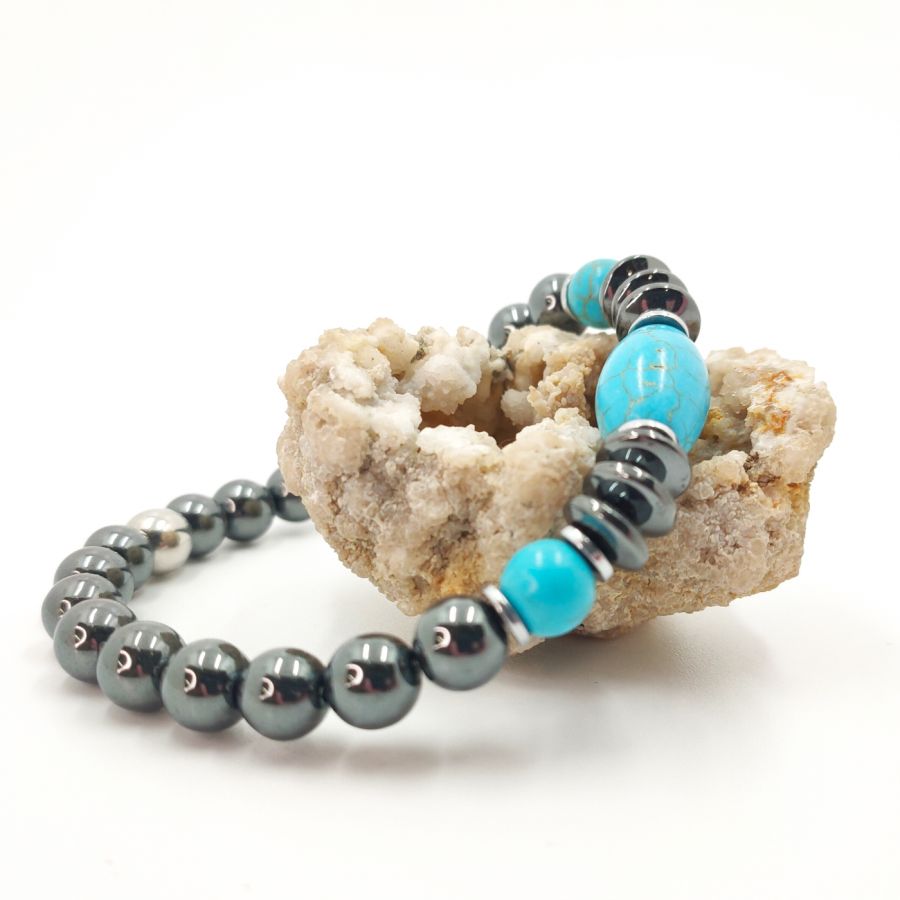 Bracciale in ematite grigio antracite e turchese blu per uomo