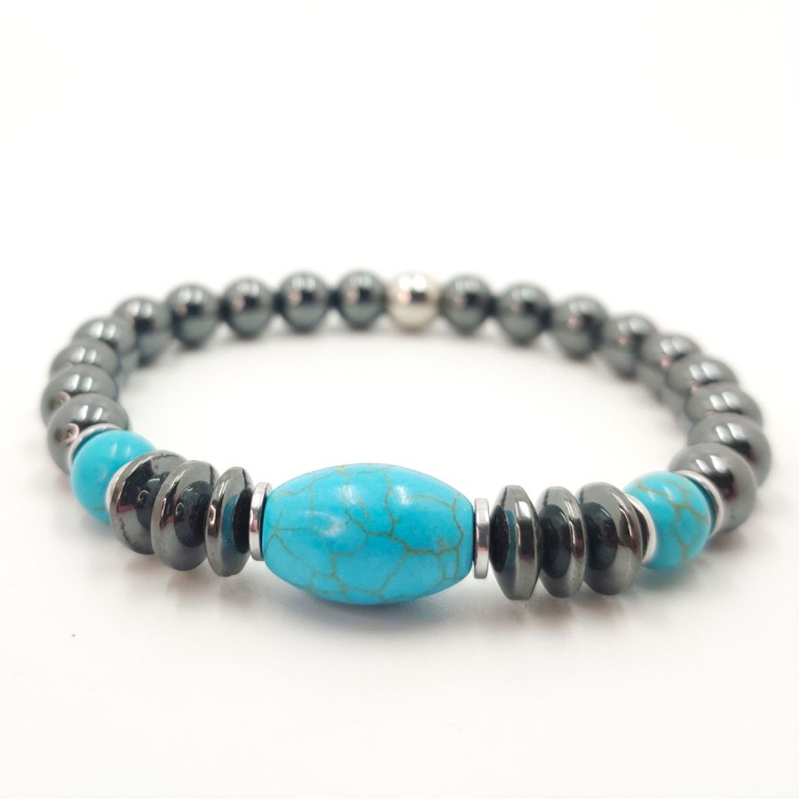 Bracciale in ematite grigio antracite e turchese blu per uomo