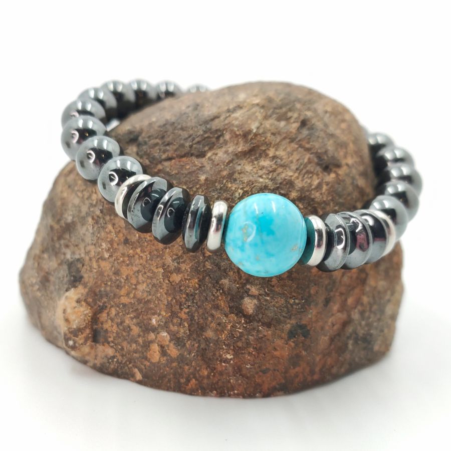 Bracciale con pietre di ematite grigia e amazzonite blu