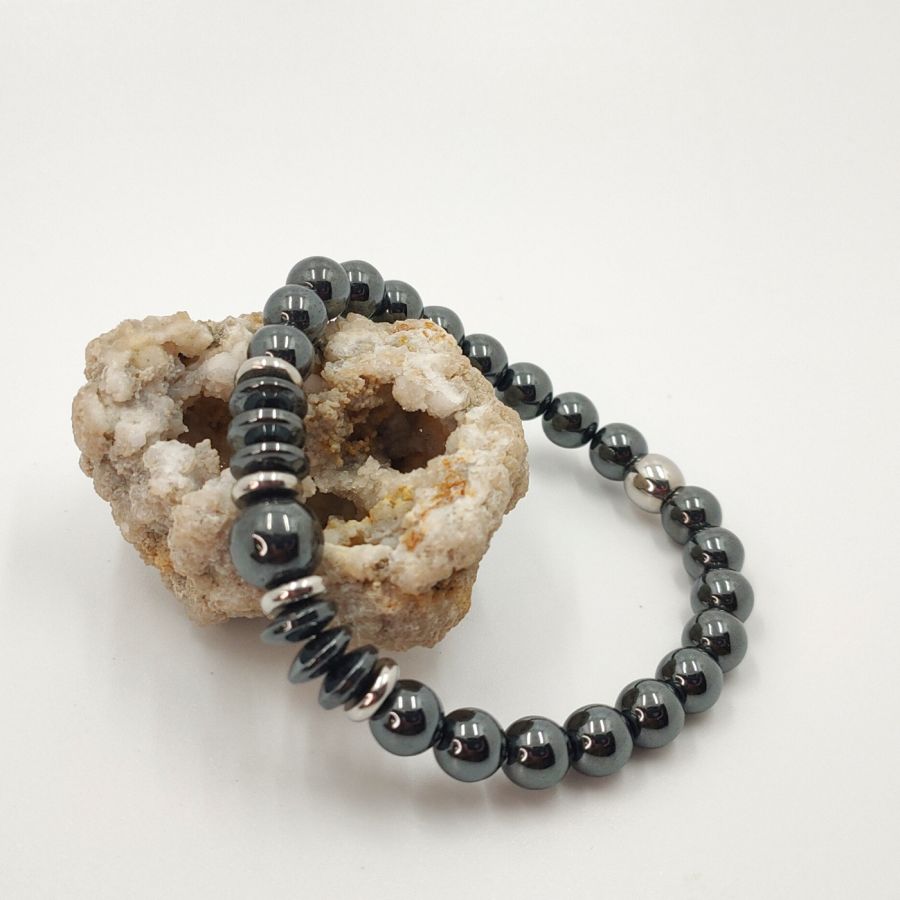 Bracciale da uomo in pietra ematite grigio antracite e acciaio inossidabile