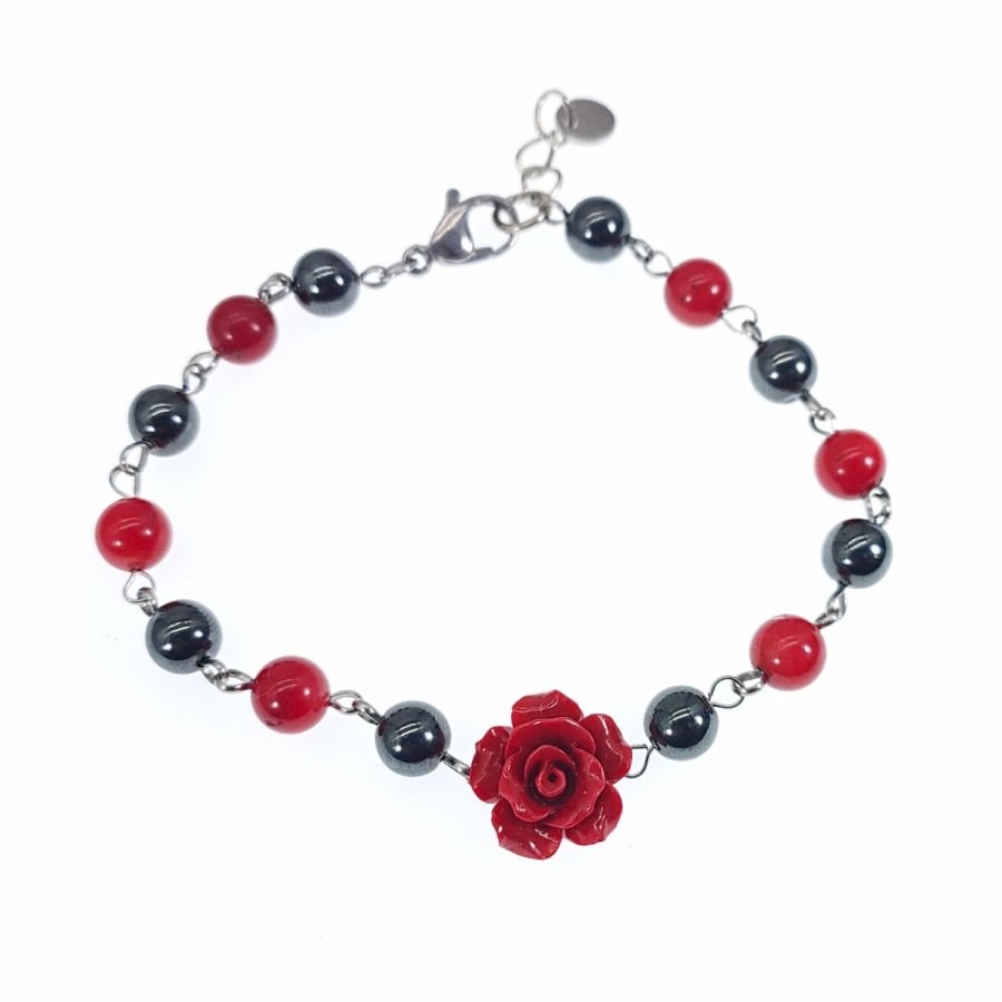 Bracciale in pietra ematite con rosa rossa