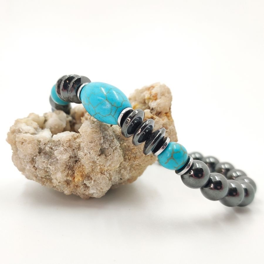 Bracciale in ematite grigio antracite e turchese blu per uomo