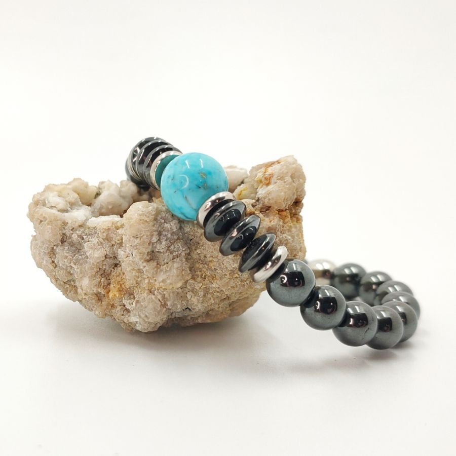 Bracciale con pietre di ematite grigia e amazzonite blu