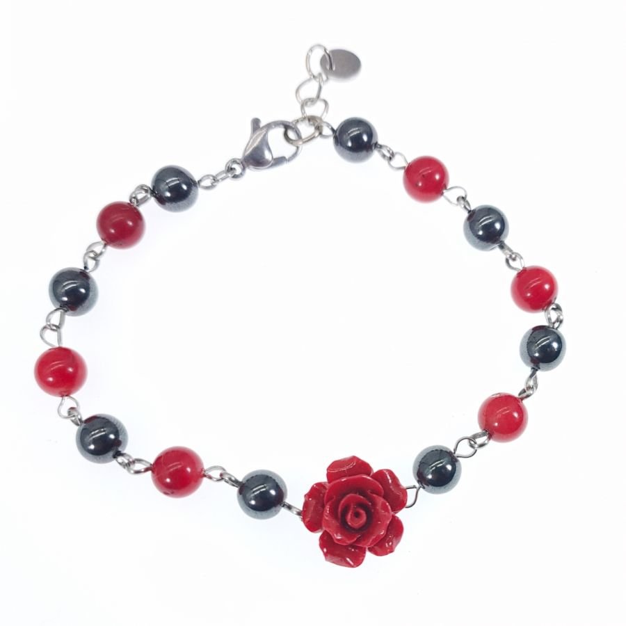 Bracciale in pietra ematite con rosa rossa