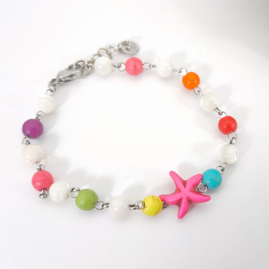 Bracciale in pietra multicolore con stella marina rosa