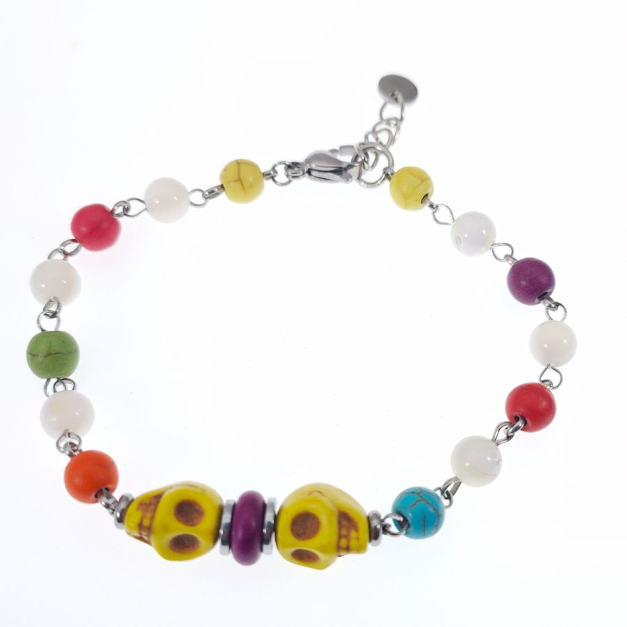 Bracciale in pietra multicolore con teschio giallo