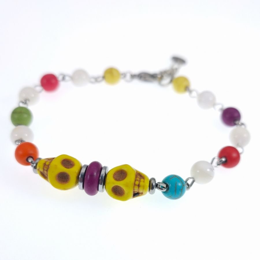 Bracciale in pietra multicolore con teschio giallo