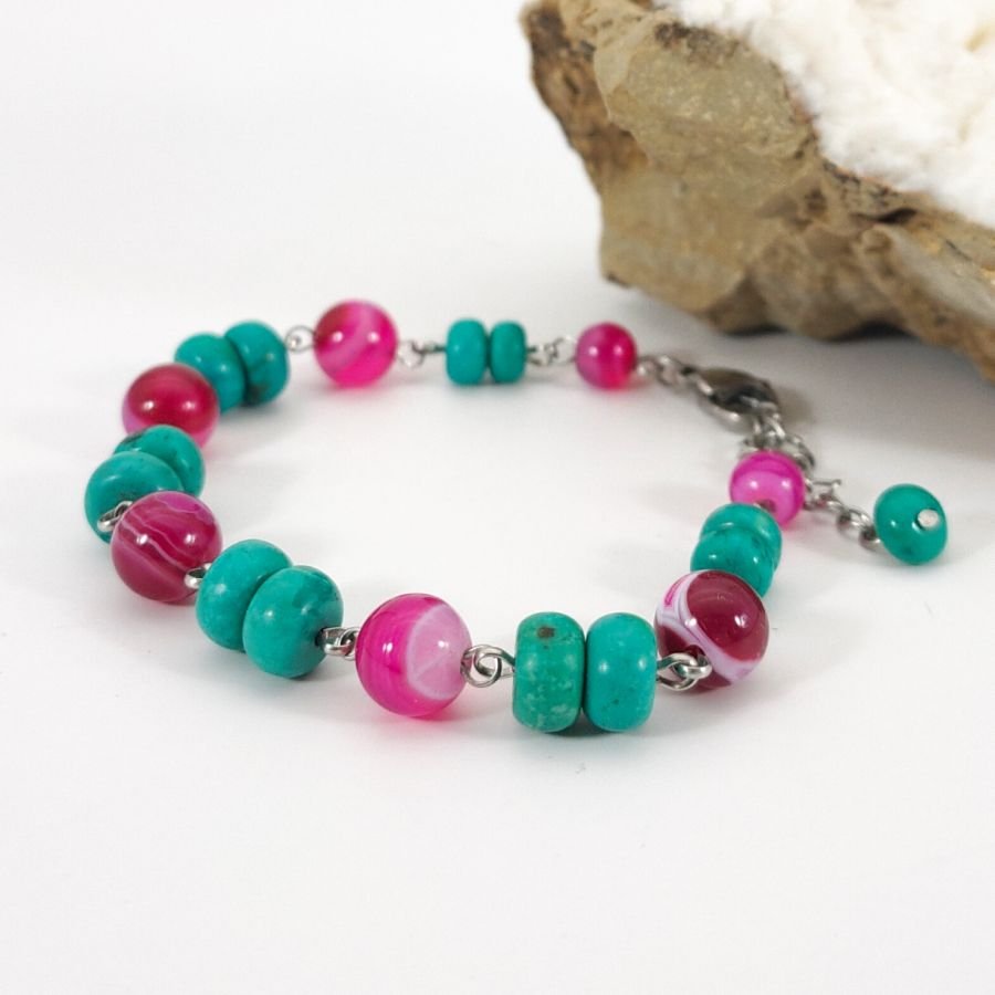 Bracciale in turchese e agata rosa fucsia