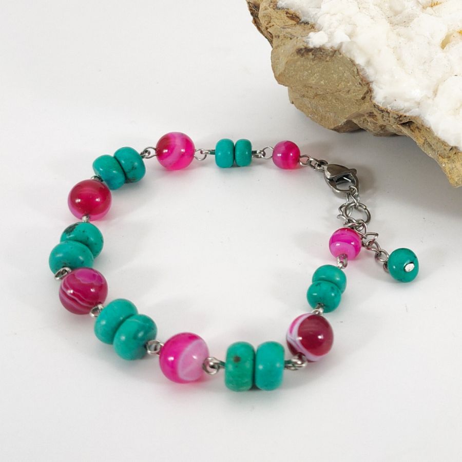 Bracciale in turchese e agata rosa fucsia