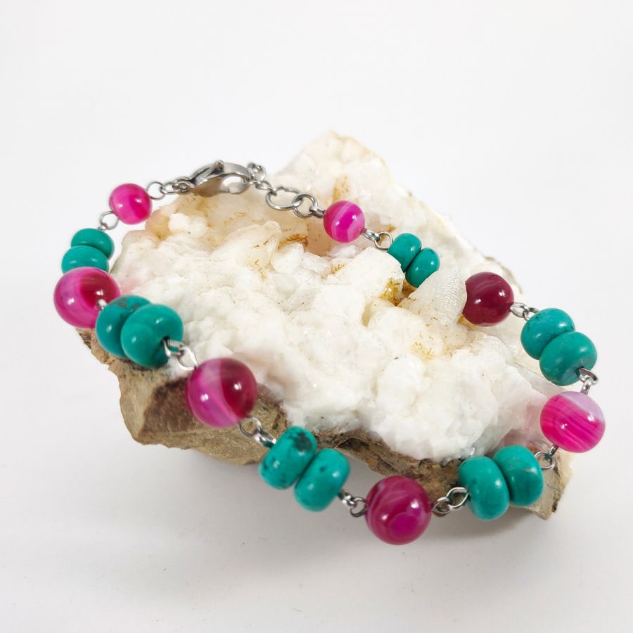 Bracciale in turchese e agata rosa fucsia