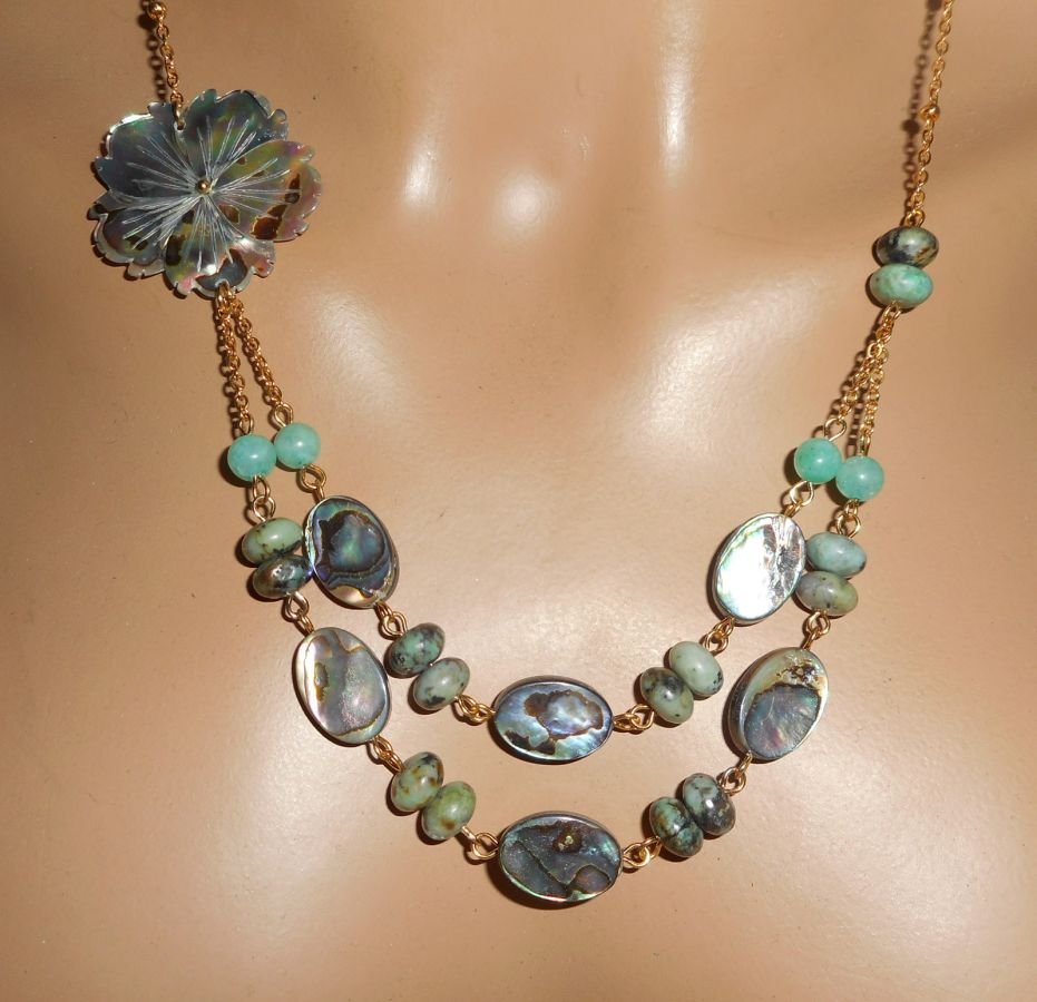 Collana in diaspro verde con fiori e doppia fila di ciottoli di abalone