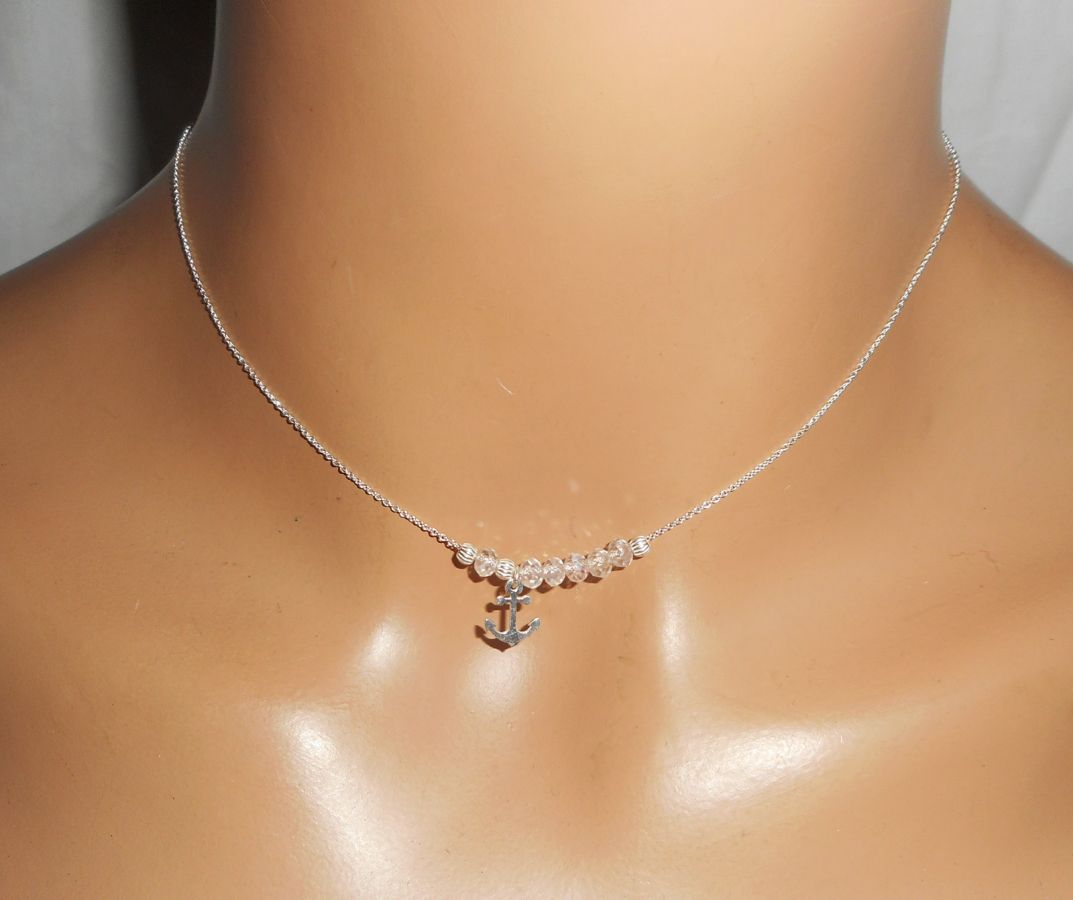 Collana girocollo in argento 925 con ancora e perle di cristallo