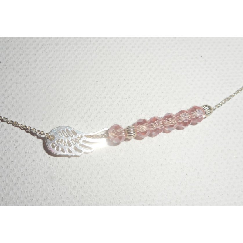 Collana girocollo in argento 925 con piccole perle di cristallo rosa e ad ala