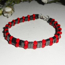 Bracciale in pietra ematite con perline di cristallo rosso e argento 925